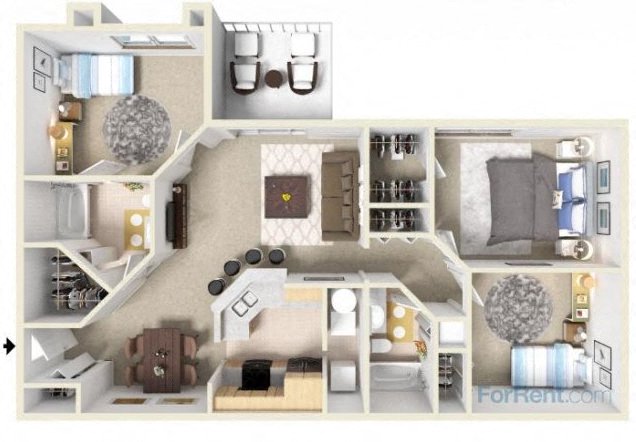 Floor plan for 3 beds, 2 baths, 1100 sqft
